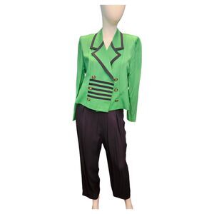 Perceptions Petite Vintage 80's Pants Suit Womens Size 10P Green Blue Blazer